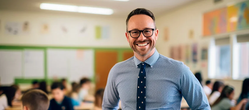 Professor sorridente em sala de aula, com a turma ao fundo